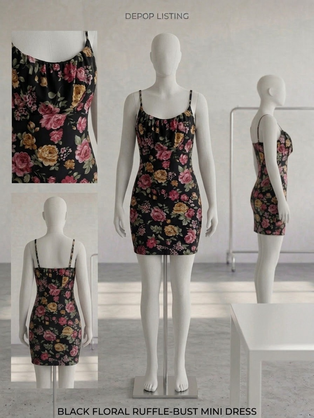 Fashion Nova Black Floral Ruffle-Bust Mini Dress